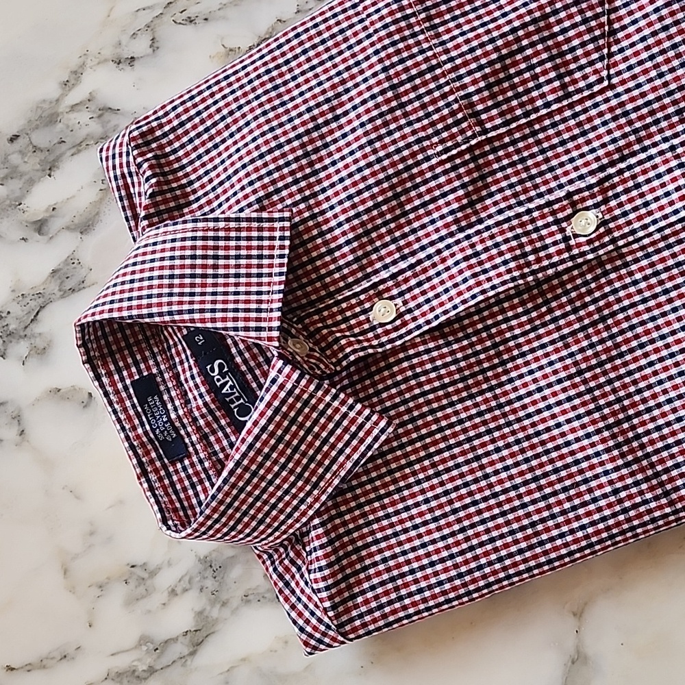 Chaps Long Sleeve Button Down Checkered Red, White & Blue Dress Shirt, Boys 12